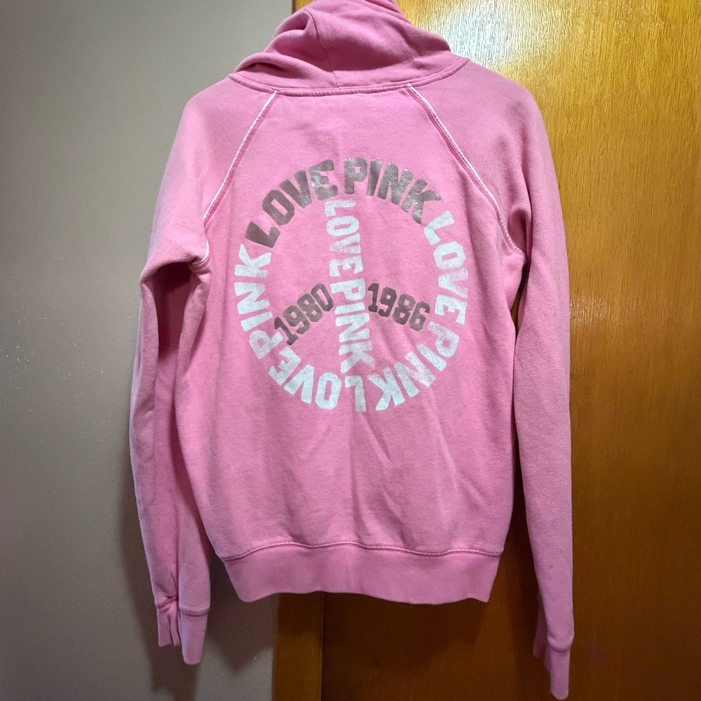 PINK Victoria's Secret Small Hoodie Graphic Sweatshirt White Peacesign Logo Y2K - Picture 2 of 15